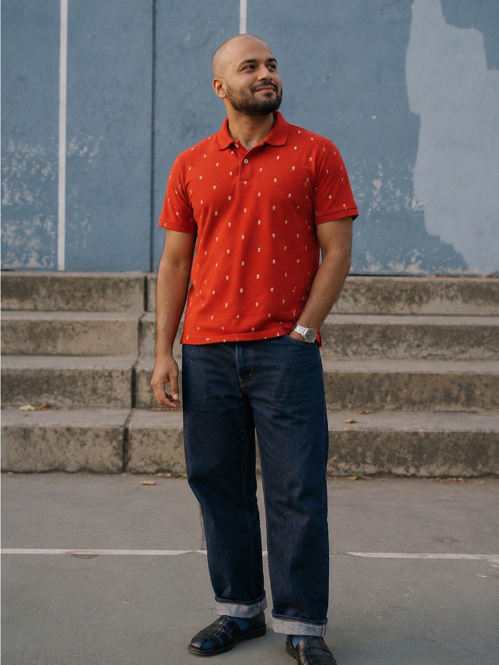 Uniqlo Red Embroidered Motif Cotton Polo Shirt Men’s Size L